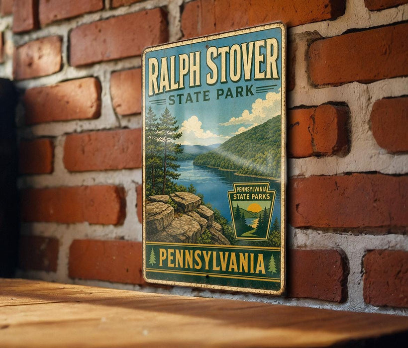 A vintage-style metal sign for Ralph Stover State Park in Pennsylvania, featuring a scenic landscape with mountains, trees, and a river.