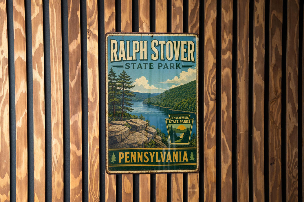 A vintage-style metal sign for Ralph Stover State Park in Pennsylvania, featuring a scenic landscape with a river, mountains, and pine trees.