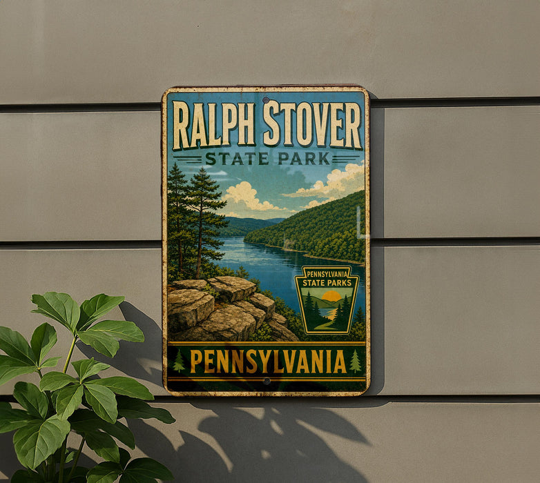 A vintage-style metal sign for Ralph Stover State Park in Pennsylvania, featuring a scenic landscape with a river, mountains, and trees.