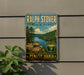 A vintage-style metal sign for Ralph Stover State Park in Pennsylvania, featuring a scenic landscape with a river, mountains, and trees.