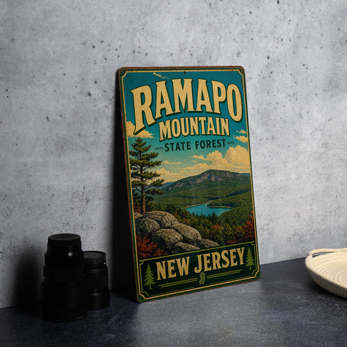 A vintage metal sign for Ramapo Mountain State Forest in New Jersey, featuring a scenic landscape with a mountain, lake, and pine trees.