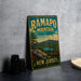 A vintage metal sign for Ramapo Mountain State Forest in New Jersey, featuring a scenic landscape with a mountain, lake, and pine trees.