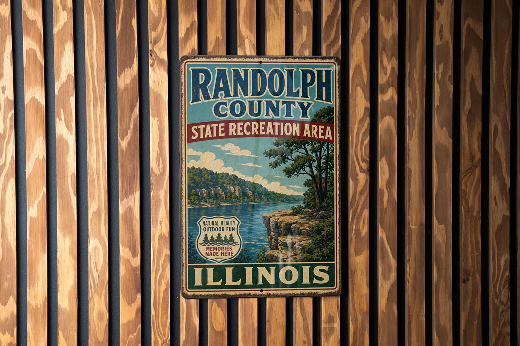 A vintage metal sign for Randolph County, Illinois, featuring a scenic landscape with a lake and mountains.