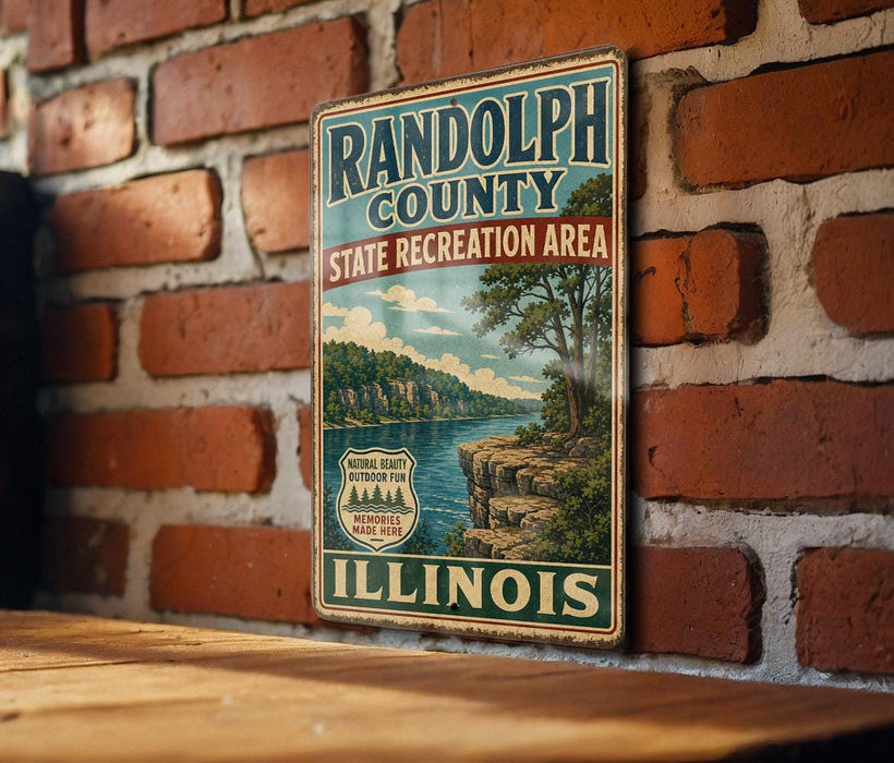 A vintage metal sign for Randolph County, Illinois, featuring a scenic landscape with a lake and mountains.