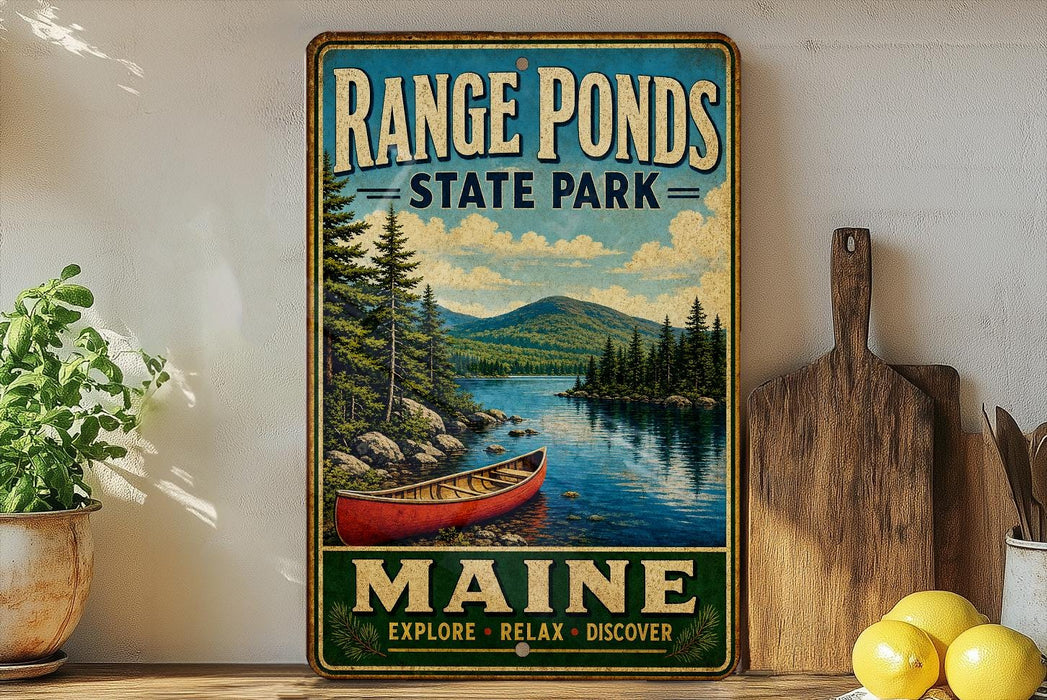 A vintage-style metal sign for Range Ponds State Park in Maine, featuring a scenic image of a lake, mountains, and a canoe.