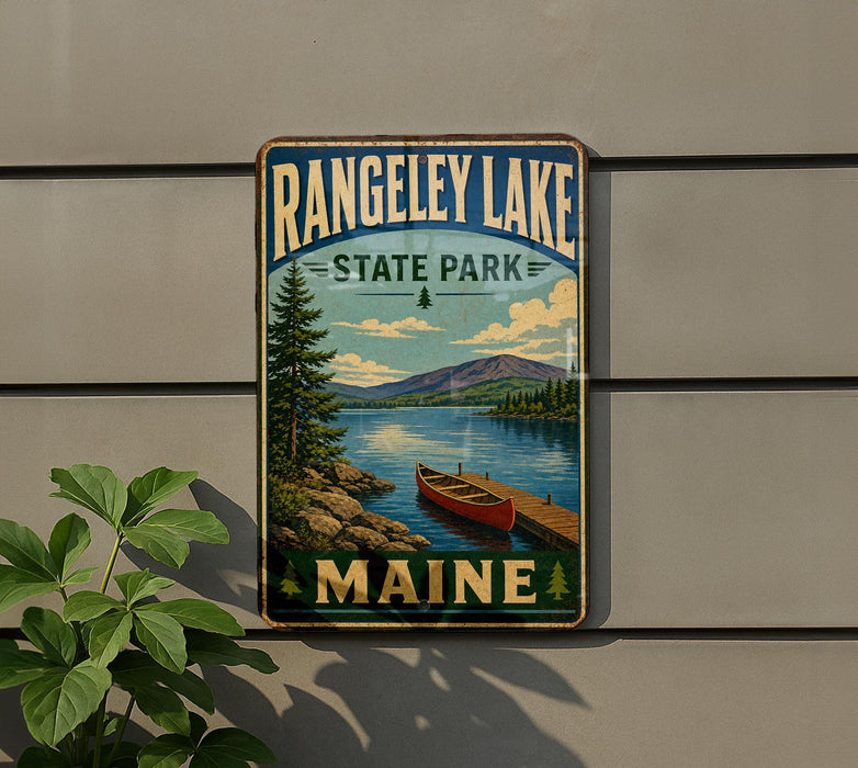 A vintage-style metal sign for Rangeley Lake State Park in Maine, featuring a scenic landscape with a lake, mountains, and a canoe.