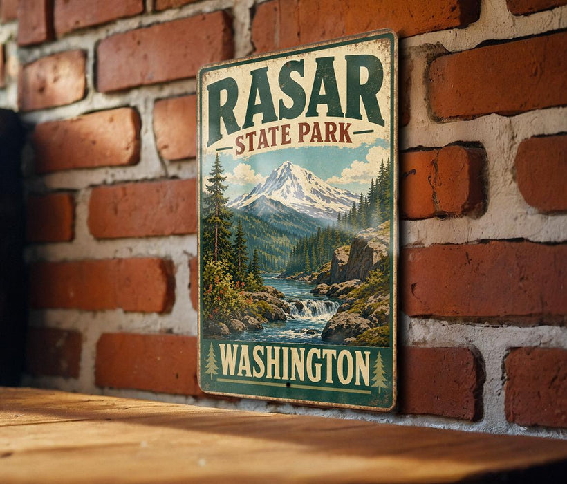 A vintage-style metal sign for "RASAR STATE PARK" in Washington, featuring a mountain landscape with a waterfall.