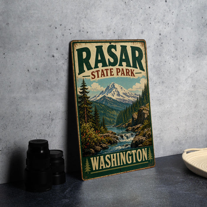 A vintage-style metal sign for "RASAR STATE PARK" in Washington, featuring a mountain landscape with a waterfall.