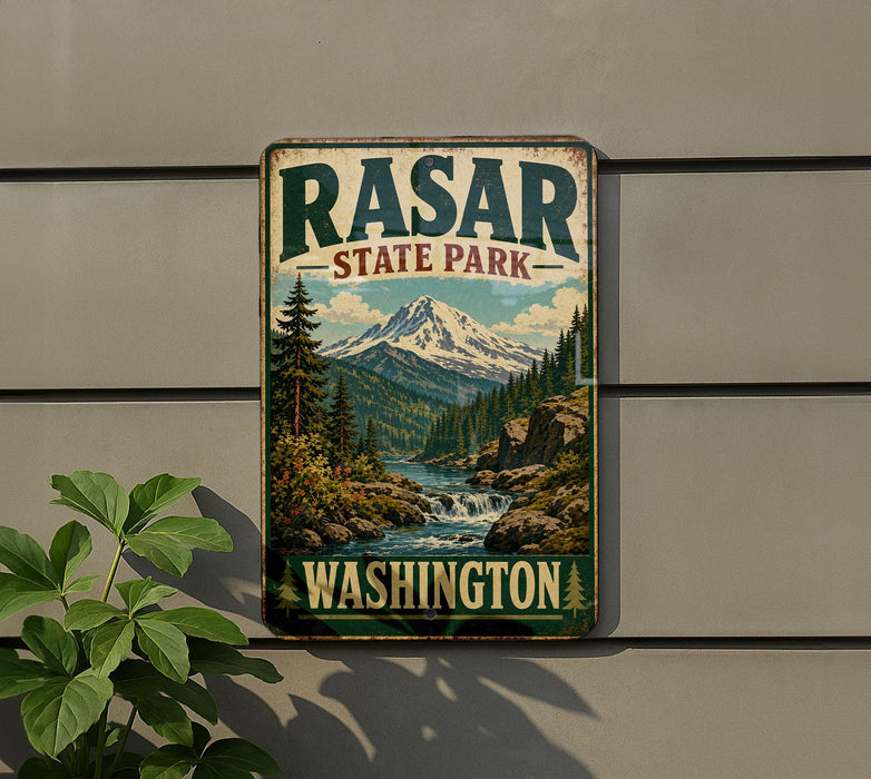 A vintage-style metal sign for "Rasar State Park" in Washington, featuring a scenic mountain landscape with a river and pine trees.