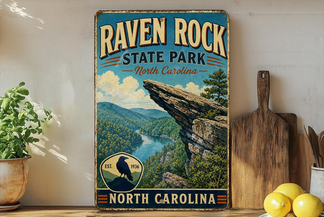 A vintage-style sign for Raven Rock State Park in North Carolina, featuring a scenic mountain landscape with a river and a bird perched on a rock.