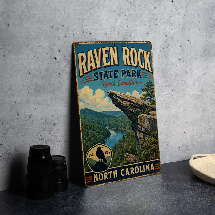 a vintage-style sign for Raven Rock State Park in North Carolina, with a scenic mountain landscape and a bird perched on a rock.