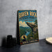 a vintage-style sign for Raven Rock State Park in North Carolina, with a scenic mountain landscape and a bird perched on a rock.