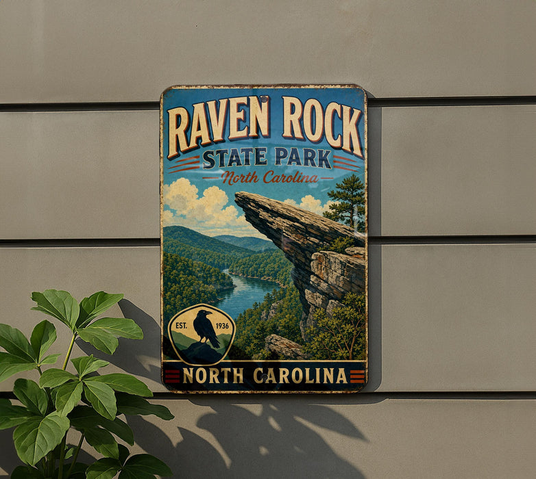 A vintage-style sign for Raven Rock State Park in North Carolina, featuring a scenic mountain landscape with a river and a cliff.