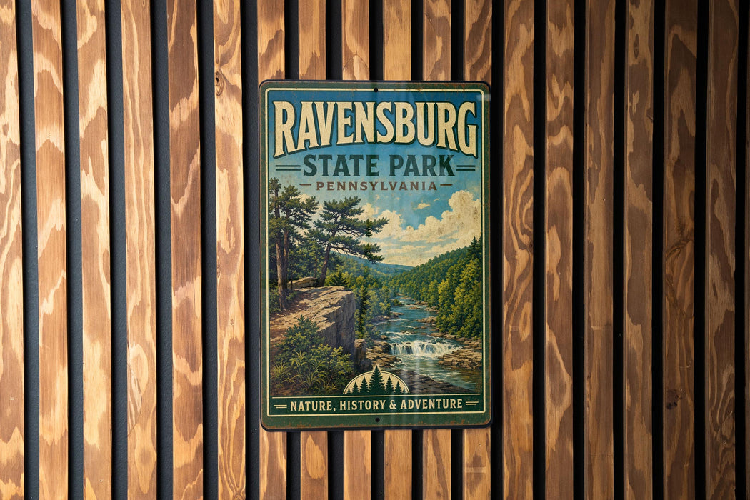 A vintage metal sign for Ravenswood State Park in Pennsylvania, featuring a scenic landscape with a river and forest.