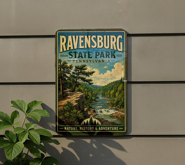 A vintage-style sign for Ravenswood State Park in Pennsylvania, featuring a scenic landscape with a river, forest, and waterfall.