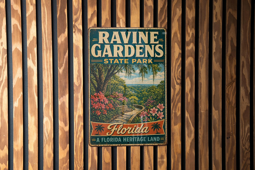 A vintage metal sign for Ravine Gardens State Park in Florida, featuring a tropical landscape with palm trees, flowers, and a winding path.