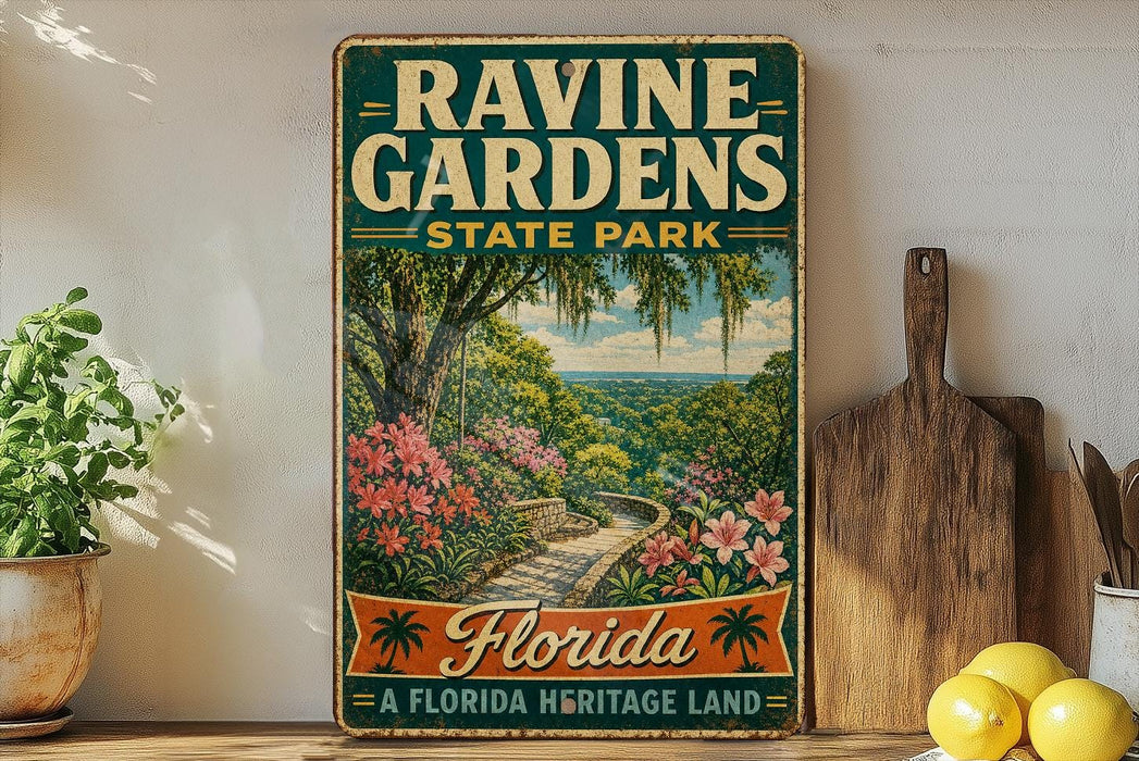 A vintage-style sign for Ravine Gardens State Park in Florida, featuring a scenic illustration of a winding path surrounded by lush greenery and colorful flowers.