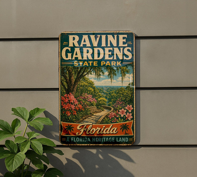 a vintage-style sign for Raint Gardens State Park in Florida, with a tropical landscape and palm trees depicted on the sign.