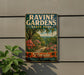 a vintage-style sign for Raint Gardens State Park in Florida, with a tropical landscape and palm trees depicted on the sign.