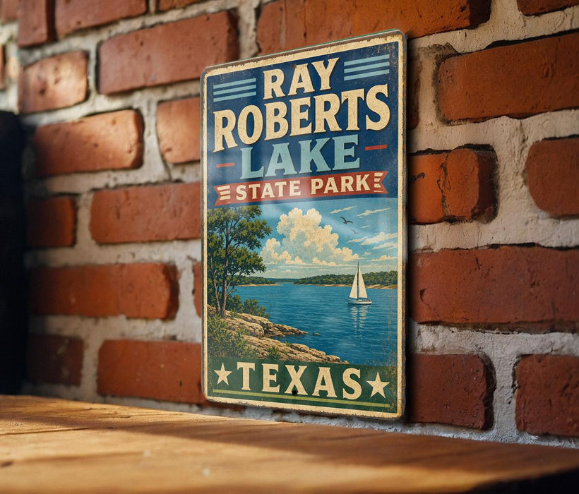 A vintage-style sign for Ray Roberts Lake, a state park in Texas, featuring a scenic illustration of a lake with a sailboat and a tree-lined shore.