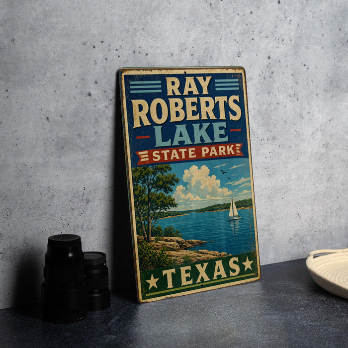 A vintage-style sign for Ray Roberts Lake, a state park in Texas, featuring a scenic illustration of a lake, trees, and a sailboat.