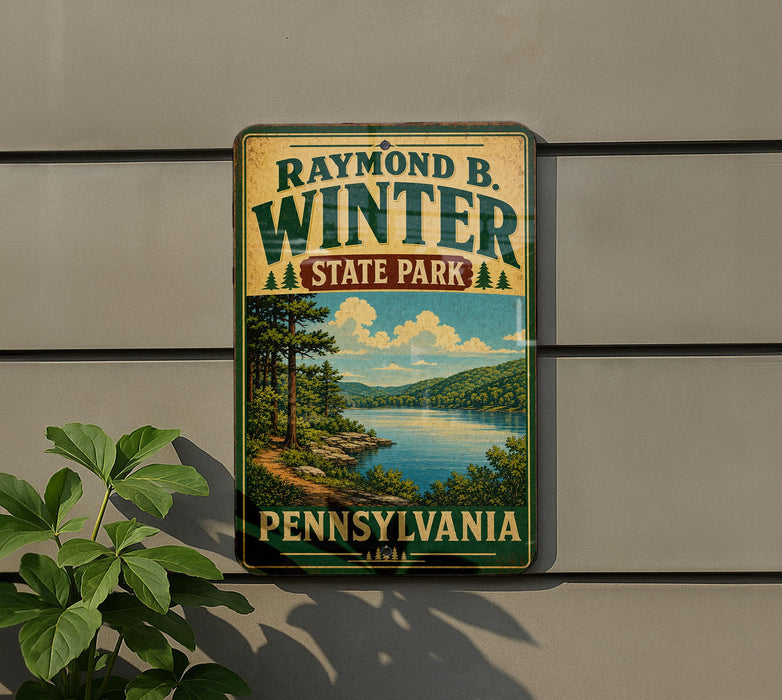 A vintage-style metal sign for Raymond B. Winter State Park in Pennsylvania, featuring a scenic landscape with a lake and mountains.