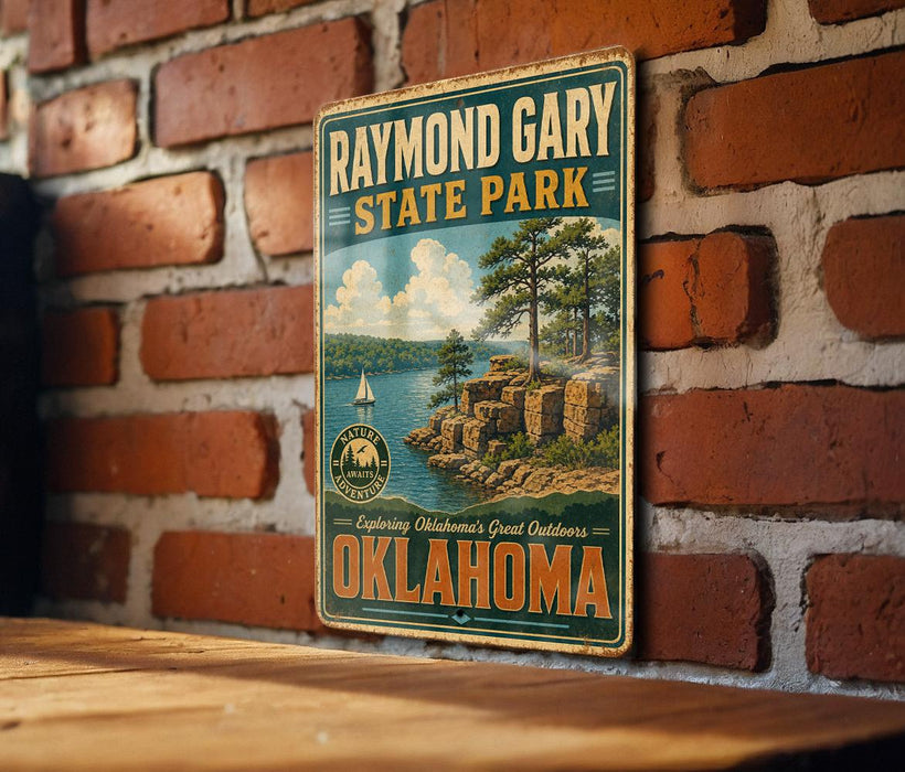 A vintage-style metal sign for Raymond Gary State Park in Oklahoma, featuring a scenic landscape with a lake and mountains.