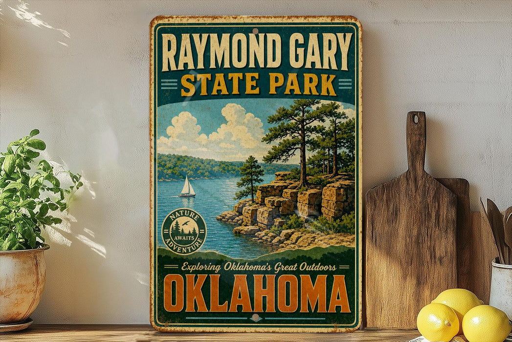A vintage-style sign for Raymond Gary State Park in Oklahoma, featuring a scenic landscape with a lake, mountains, and a sailboat.