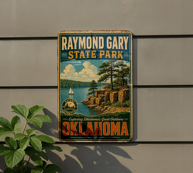 A vintage-style metal sign for Raymond Gary State Park in Oklahoma, featuring a scenic landscape with a lake, mountains, and a sailboat.