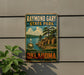 A vintage-style metal sign for Raymond Gary State Park in Oklahoma, featuring a scenic landscape with a lake, mountains, and a sailboat.