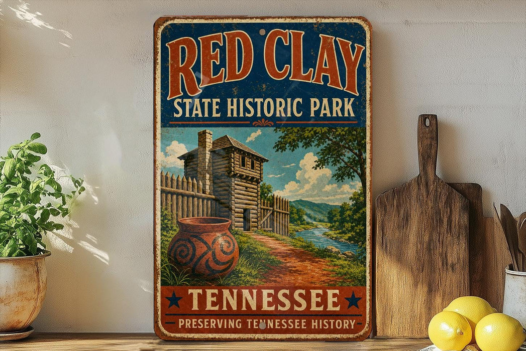 A vintage-style sign for Red Clay State Historic Park in Tennessee, featuring a rustic image of a log cabin and a dirt path.