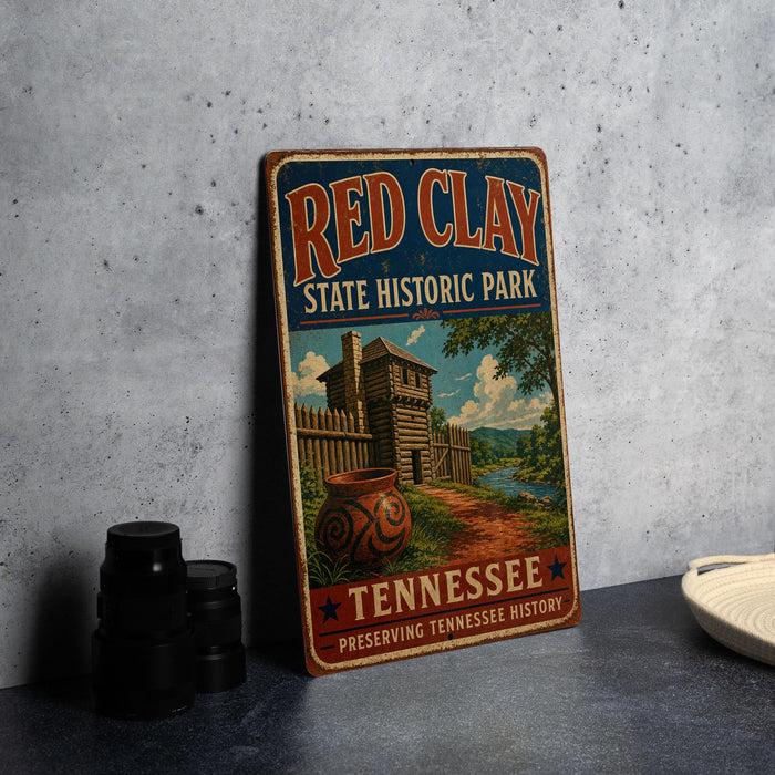 A vintage-style metal sign for Red Clay State Historic Park in Tennessee, featuring an illustration of a historic building and a river.