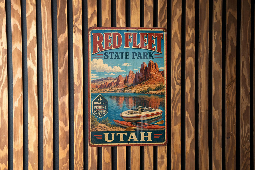 A vintage-style metal sign for Red Fleet State Park in Utah, featuring a scenic illustration of a boat on a lake surrounded by mountains.