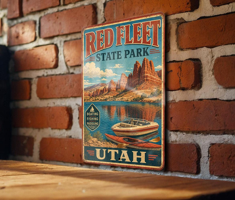 A vintage-style metal sign for Red Fleet State Park in Utah, featuring a scenic image of a boat on a lake surrounded by mountains.