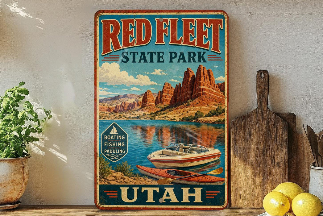 A vintage-style sign for Red Fleet State Park in Utah, featuring a scenic image of a boat on a lake surrounded by mountains.
