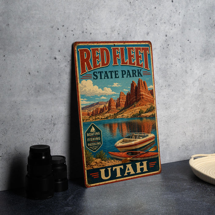 A vintage-style metal sign for Red Fleet State Park in Utah, featuring a scenic illustration of a lake and mountains.