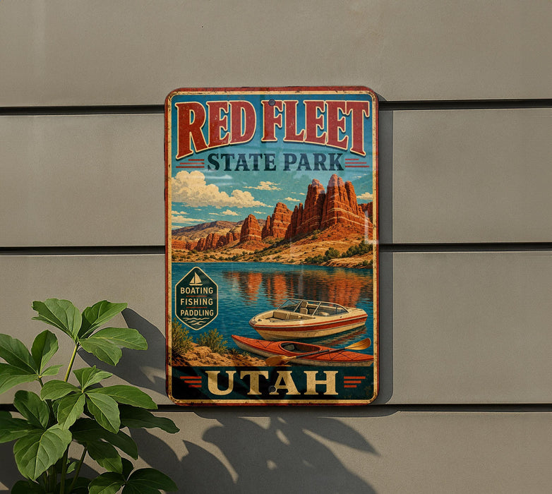 A vintage-style metal sign for Red Fleet State Park in Utah, featuring a scenic image of a boat on a lake surrounded by mountains.