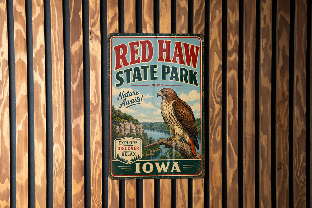 A vintage metal sign for Red Haw State Park in Iowa, featuring a hawk perched on a tree branch and the text "Red Haw State Park" prominently displayed.