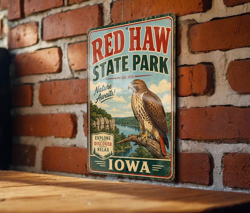 A vintage-style metal sign for Red Haw State Park, featuring a bird of prey and a scenic landscape.