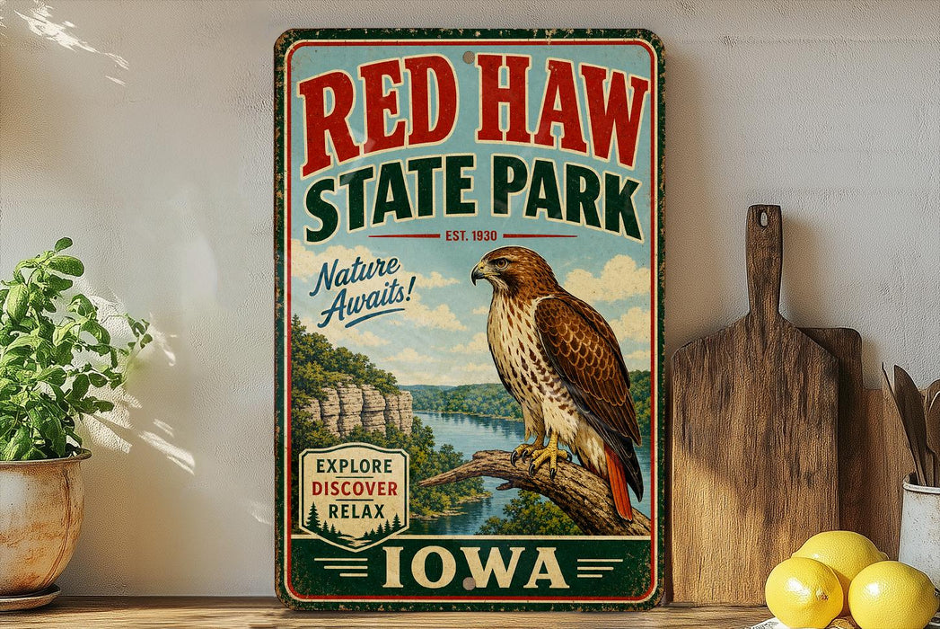 a vintage-style sign for Red Haw State Park, with a large eagle perched on a tree branch in the background. The sign is surrounded by various kitchen items, such as a cutting board, a knife, and a bowl of fruit, including lemons.