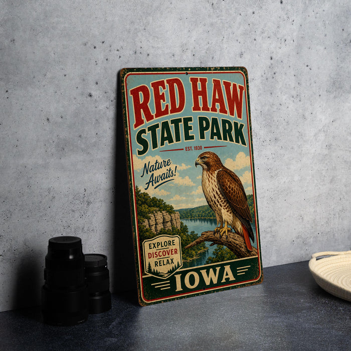 A vintage-style metal sign for Red Haw State Park in Iowa, featuring a hawk perched on a tree branch and the text "Nature Awaits!"