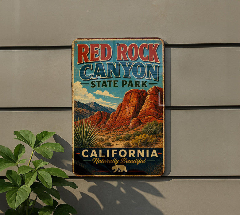 A vintage-style metal sign for Red Rock Canyon State Park in California, featuring a scenic illustration of the canyon and desert landscape.