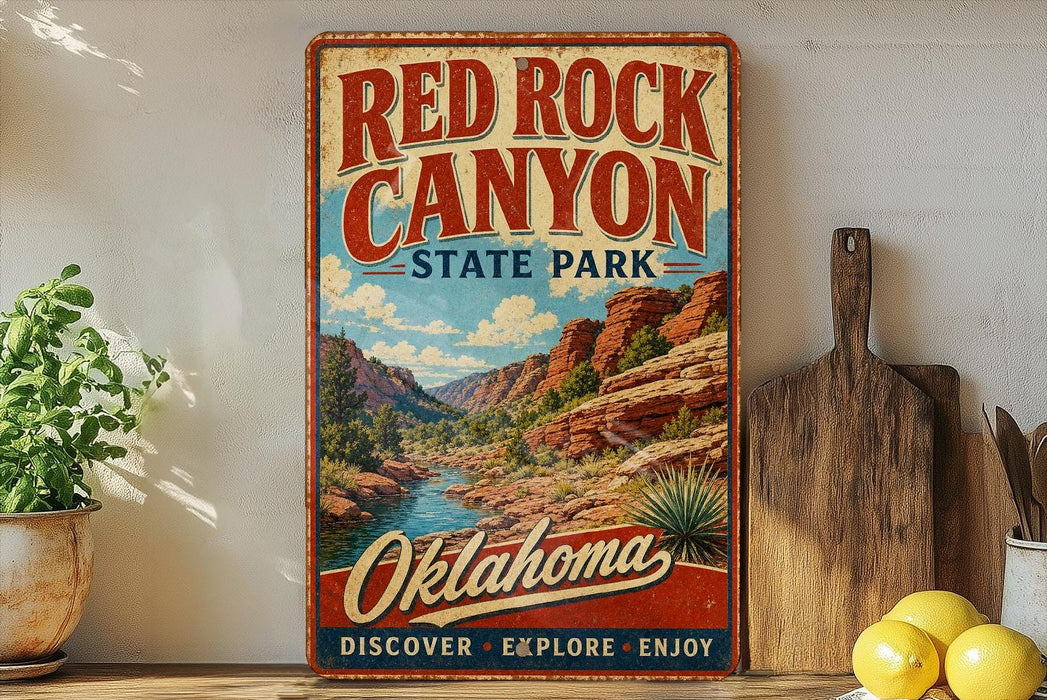 A vintage-style sign for Red Rock Canyon State Park in Oklahoma, featuring a scenic illustration of the canyon landscape.