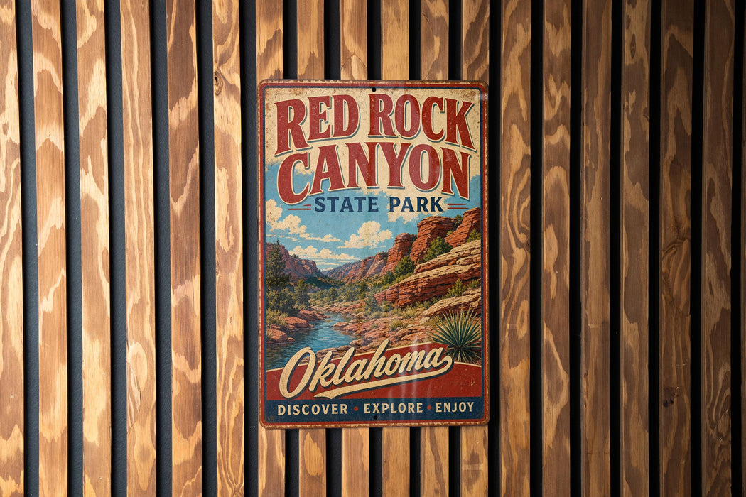A vintage-style metal sign for Red Rock Canyon State Park in Oklahoma, featuring a scenic illustration of the canyon landscape.
