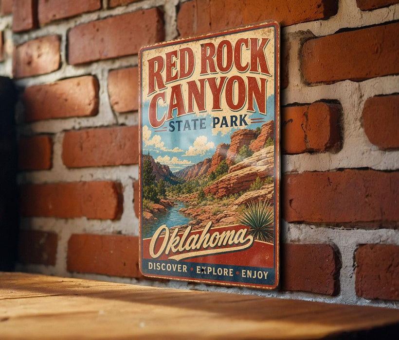 A vintage-style metal sign for Red Rock Canyon State Park in Oklahoma, featuring a scenic illustration of the canyon landscape.
