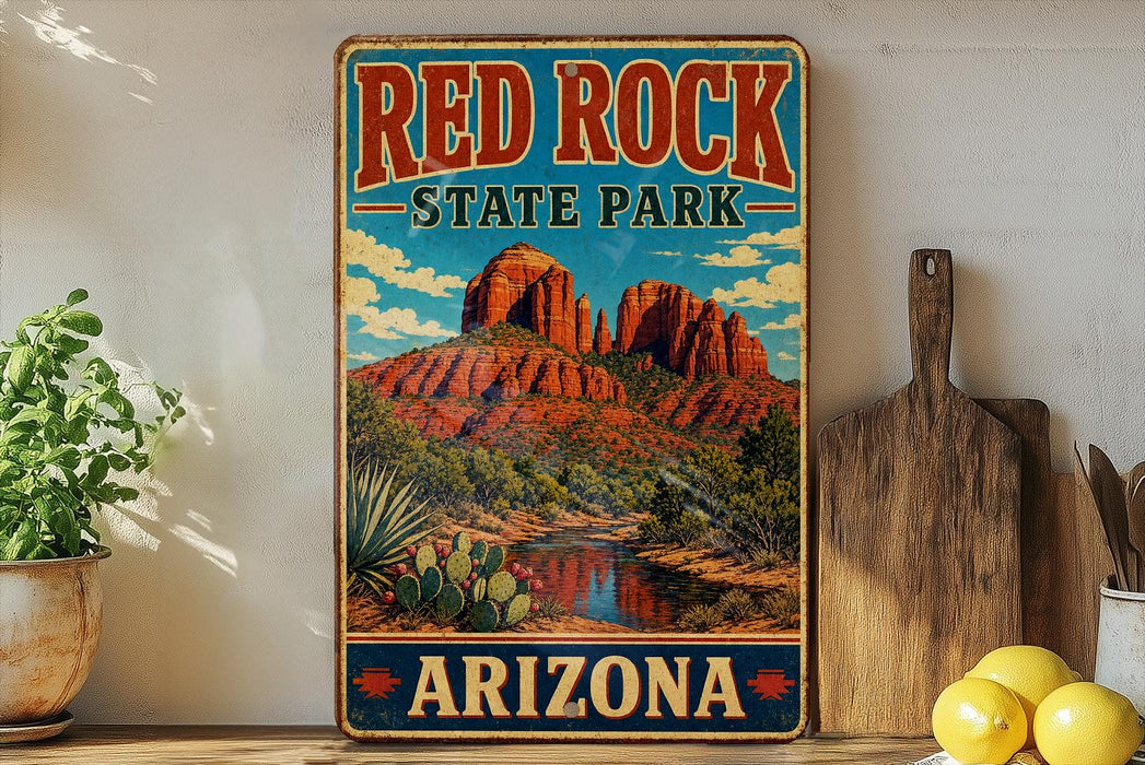 A vintage-style sign for Red Rock State Park in Arizona, featuring a desert landscape with red rock formations and a river.