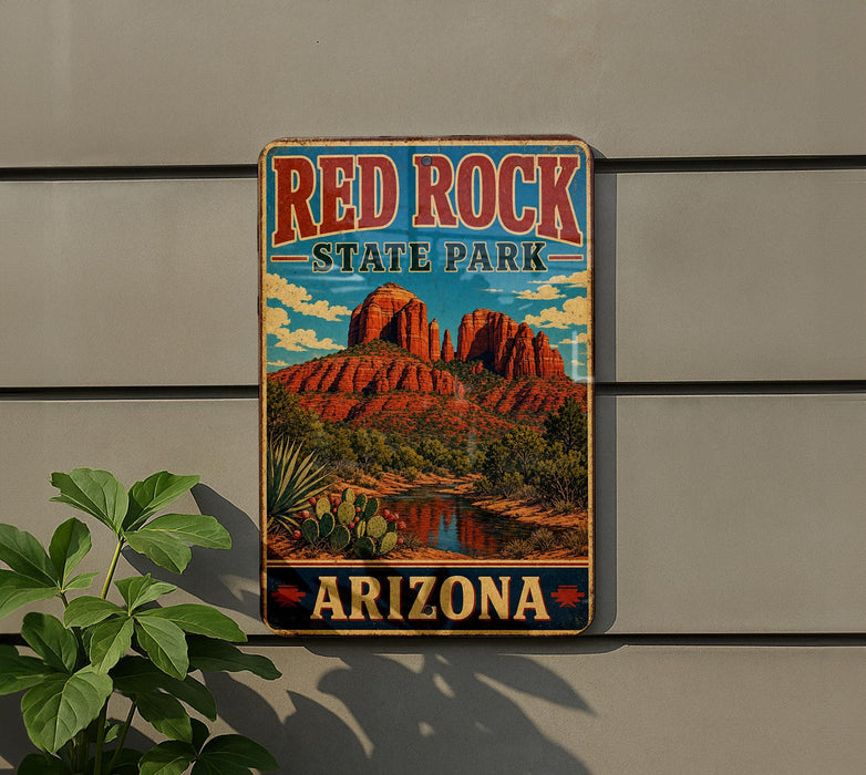 A vintage-style metal sign for Red Rock State Park in Arizona, featuring a scenic illustration of the park's iconic rock formations and landscape.