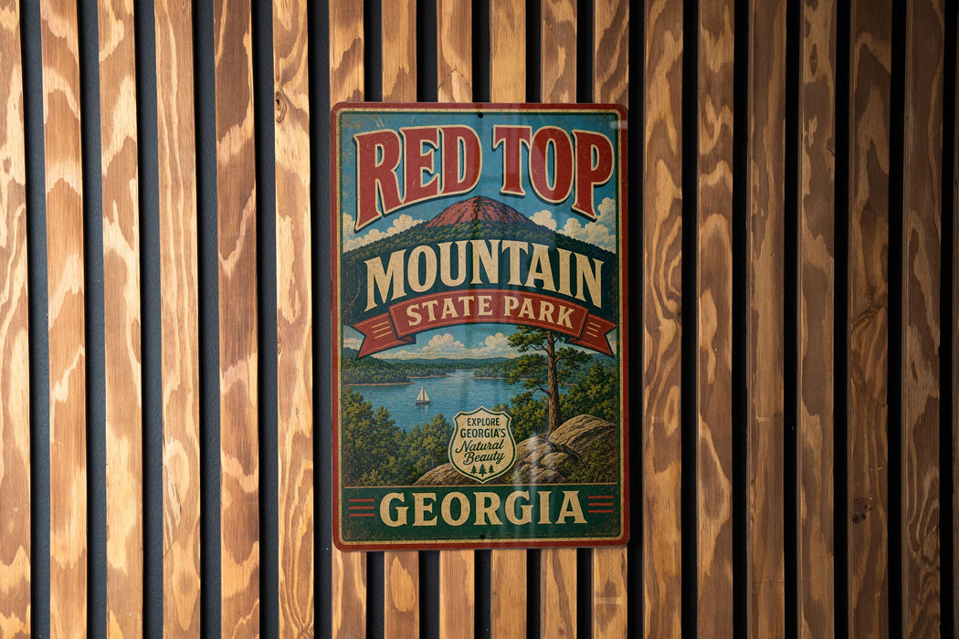 A vintage metal sign for Red Top Mountain State Park in Georgia, featuring a scenic landscape with a lake and mountains.