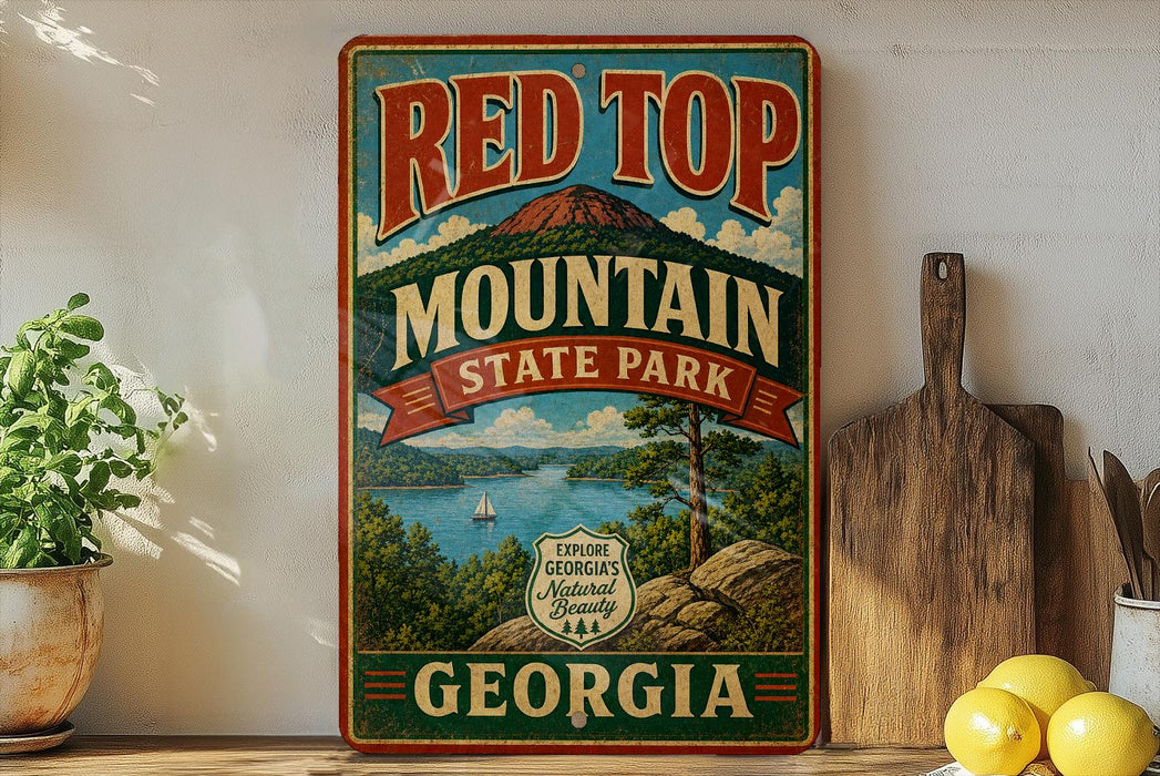 A vintage-style sign for Red Top Mountain State Park in Georgia, featuring a scenic landscape with a lake, mountains, and a sailboat.