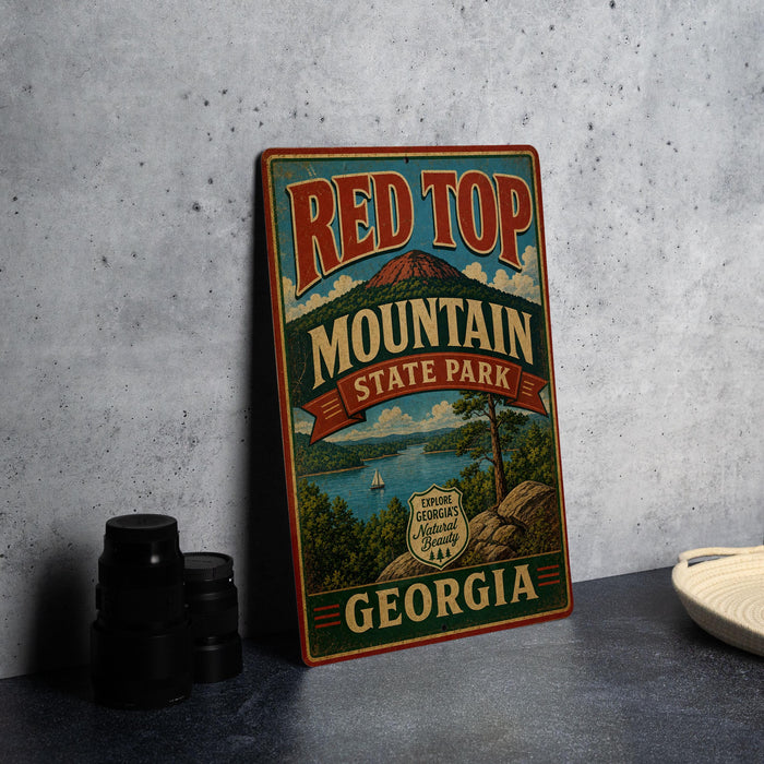 A vintage-style metal sign for Red Top Mountain State Park in Georgia, featuring a scenic landscape with a mountain, lake, and trees.